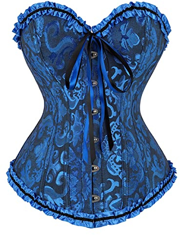 Kelvry Kvinnor sexig gotisk korsett korsett satin spets stor storlek underkläder platt mage, Mörkblå, XS