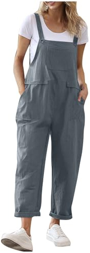 TURWXGSO Cotton Linen Dungarees for Women Clearance Summer Sleeveless Bib Overalls Plain Lightweight Casual Baggy Overalls Rompers Loose Fit Wide Leg Jumpsuits UK Size 8-16