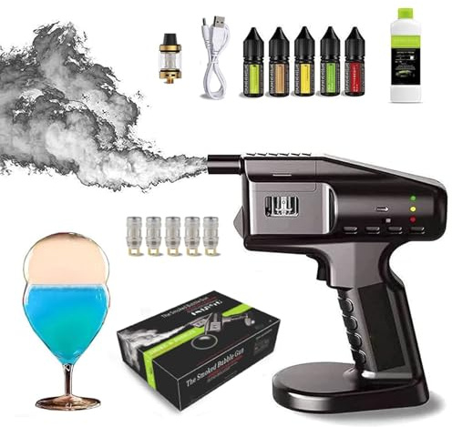Troqullium Cocktail Smoker Flavor Blaster, mit 5 x 10ml Öl & 300ml Seifenblasenflüssigkeit, Rauchtank, USB-Ladekabel, Seifenblasenwasser-Sprühgerät, Rauchaufguss for Cocktails und Getränke