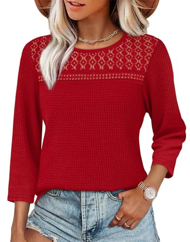 Aokosor Women 3/4 Sleeve Tops Ladies Lace Blouse Crew Neck Tunic Shirts Casual Loose Fit Ladies Tops Red Size 10-12
