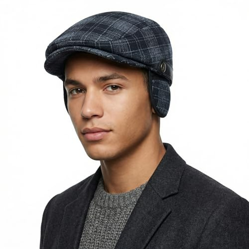 HIQIU Verstellbare Schiebermütze Herren Winter Warme Barett Cap - Flatcap Herren Schirmmütze Winter Newsboy Cap mit Versteckte Ohrenklappen