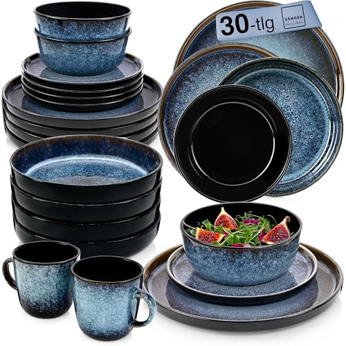 SÄNGER Osaka Steingut Geschirrset 6 Personen, Teller Set 30-tlg Blau | Handmade Geschirr Set, Kombiservice: Teller, Kaffeebecher, Müslischalen & Pastateller, spülmaschinen- & mikrowellengeeignet