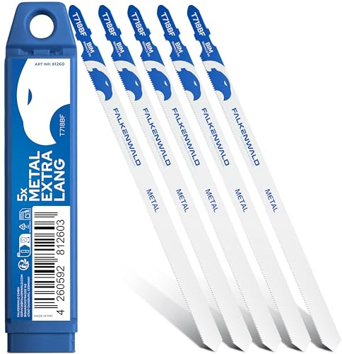 FALKENWALD® Stichsägeblätter Metall 5x T718BF – Extra lange Sägeblätter 180 mm für Metall, Kunststoff & Sandwichpaneele – HSS Bi-Metall, T-Schaft kompatibel, gratfreier Schnitt