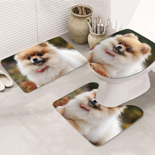 Bathroom Mat Sets 3 Piece Short-Haired Pomeranian Dog U Shape Wc Toilet Rug Soft Cozy Toilet Mats Seat Cover, For Indoor, Floor Tub, Outdoor