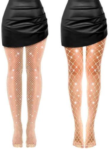 MAOSHYMS 2 Pezzi Calze a Rete con Strass e Glitter Calze Rete Elastiche Sexy Collant a Rete da Donna Alta Calze Collant Accessori per Costumi di Halloween (IT, Numero, Taglia unica, Albicocca)