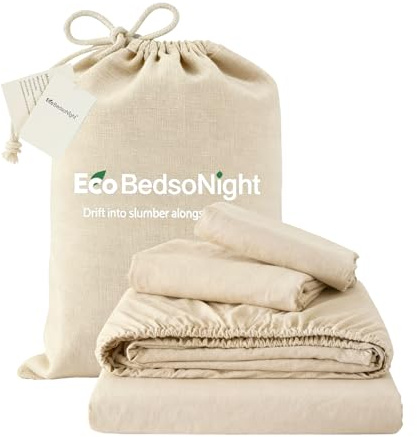 EcoBedsoNight Linen Sheets Queen Size, Cotton Linen Bed Sheets, Breathable, Durable Bed Sets 18 Deep Pocket(Natural Linen)