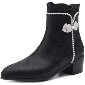 Botines Mujer Punta Puntiaguda Tacón Bajo Cuadrado con Perlas Y Adorno Floral Empeine PU Resistente Cómodas Slip On Elegantes Clásicas Zapatos De Vestir,Negro,42 EU