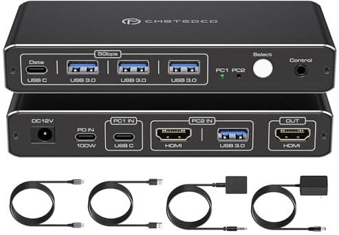FQuanmap Commutateur KVM HDMI 2 PC 1 moniteurs 4K @ 60Hz USB C Commutateur KVM HDMI 2 ports pour 1 ordinateur portable 1 bureau partage 1 moniteur clavier souris disques durs imprimante support charge