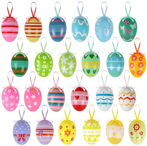 Tenn Well 24PCS Hanging Easter Eggs – Reusable Plastic Easter Egg Decorations for Tree Ornaments, Basket, Party & Home Decor (5g Each, 4cm x 6cm)