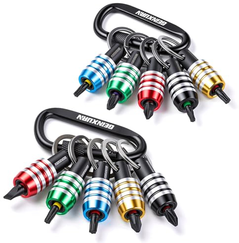 Geinxurn 2 Pack of 1/4 Inch Hex Shank Bit Holder Set, Drill Bit Holder Keychain and Impact Driver Bits, Quick-Change Aluminum Alloy Bit Organizer with Carabiner Portable for Tool Storage Outdoor Work