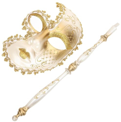ifundom Venezianische Maskenballmaske aus Kunststoff Goldfarben Am Stiel Handgehaltene Kostümparty Maske für Damen Karneval Halloween Cosplay und Maskerade