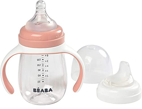 BÉABA Taza de Aprendizaje con Boquilla para Bebe, Biberón 100% hermético, Taza Antigoteo con pajita, Antiderrame, 2 en 1, Asas extraíbles, Resistente, Tritan y silicona, 210ml, Rosa