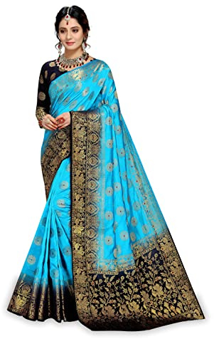 C J Enterprise Sari de seda kanchipuram pura para mujer con pieza de blusa (Marry Gold)