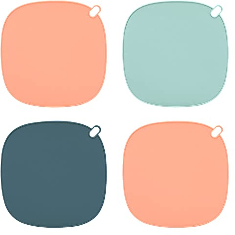 Lot de 4 Dessous de La Résistance à la Chaleur en Silicone, Antidérapant Stretch Dessous de Plats Kitchen Pot Coaster Tapis de Protection pour Casserole Set Poles, Théière et Vase, Bleu, Rose