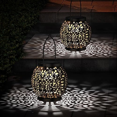 2 Pack Solar Garden Light Hanging Solar Lanterns for Outside (White) | Outdoor Hanging Ornaments, IP54 Waterproof, Long Working Time, Auto On/Off, Wireless and Lightweight, Vintage Decoratio