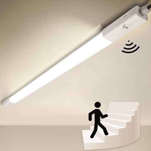 Tobeter 2 Stück LED Feuchtraumleuchte mit Bewegungsmelder, [115CM, 36W 4100LM, 4000K] LED Sensor Röhrelampe, Linkable Wannenleuchte Werkstattlampe IP65 Wasserfest für Balkon Garage Keller Treppe Flur
