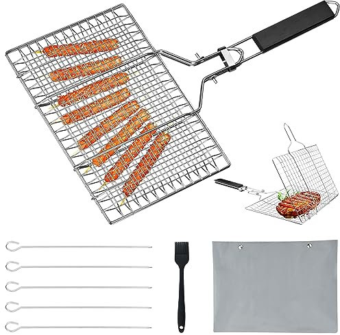 SIMDAO Stainless Steel Barbecue Basket Set, Rectangular Fish Roaster, Foldable Grill Tray, Includes Oxford Bag, 5 Kebab Skewers, Silicone Brush, Dishwasher Safe, Silver