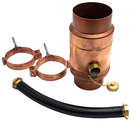 zbs24 Kupfer Regenwassersammler 80mm Set 2, Wassersammler mit automatischer Füllstop, Schlauchverbindung 30cm für Auffangbehälter, 85% Wasserertrag, 2 Rohrschellen zur Befestigung des Wassersammlers