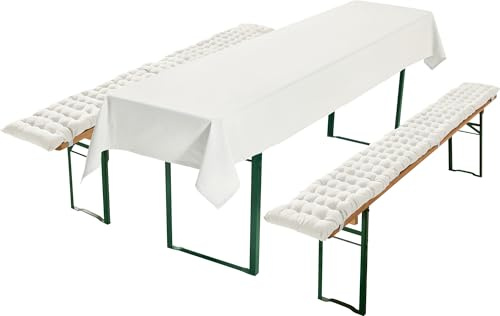 REDBEST Bierbank-Auflagen und Tischdecke 3-teilig weiß Größe 110x260 cm - strapazierstark und langlebig, bequemer Sitzkomfort, mit elastischen Bändern