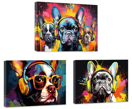 ZXHYWYM Tier Graffiti Wanddekoration 3 teilig bunter Hund mit Sonnenbrille und Kopfhörer Bild Musik Tier Leinwanddruck für Teenager und Jungenzimmer mit Rahmen (B (30x40cmx3))