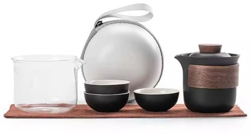 TAMUME Juego de té de viaje de porcelana con 1 tetera, 1 servidor de té y 3 tazas de té con bolsa de viaje portátil, color negro
