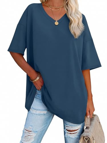 ATHMILE Womens Oversized Shirts V Neck Plus Size Spring Workout Summer Tops Beach Vacation 2026 Gym Clothes Basic Tee Blue