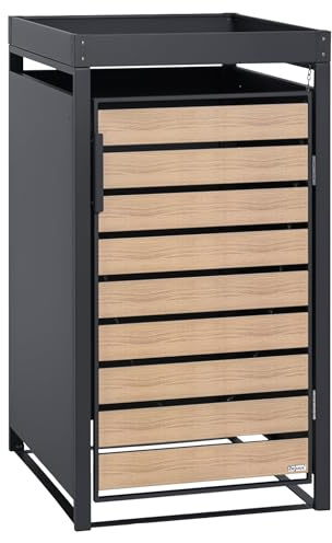Zelsius Mülltonnenbox 1er mit Pflanzdach für 1 Mülltonne | (B) 68 x (T) 80 x (H) 124 cm | Anthrazit RAL 7016 | Tür in Holzoptik mit Erweiterungsmöglichkeit | Mülltonnenverkleidung für 1 Tonne