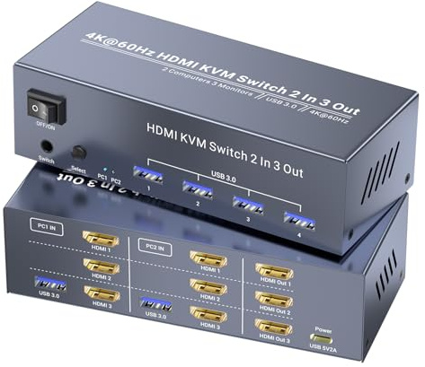 4K@60Hz Three Monitor HDMI KVM Switch, 2 Port HDMI KVM Switch 3 Minitors 2 Computers for Managing 2 PC Using 1 Set of Keyboard Mouse, 2 PC Share 4 USB 3.0 Ports