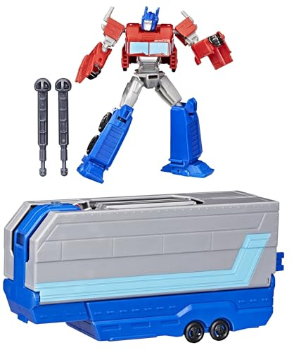 Transformers EarthSpark Optimus Prime Battle Trailer Playset with Action Figure, Lights and Sounds, Electronic Truck Toys for Kids 6 and Up