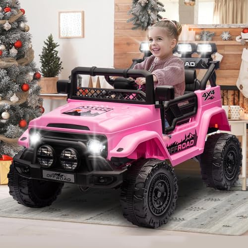 HAUSPROFI Kinder Elektroauto 12V, Elektroauto für Kinder mit 2,4G Fernbedienung, LED, Bluetooth, Musik, 3-5 km/h, Kinderauto Elektrisch, Elektro Kinderauto für ab 3 Jahren, Rosa