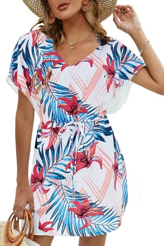 Vossmi Vestido de Playa Mujer Manga Corta Playa Traje de Baño Suelto Cuello en V Cover Up Casual Cordón en La Cintura Ropa de Playa Chiffon Ropa de Playa,cártamo