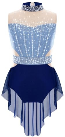 Freebily Body da Pattinaggio Artistico Bambina Vestito da Danza Lirica Moderna Contemporanea Abito da Ballo Latino Americano Tango con Strass Costume da Allenamento Dancewear Blu 11-12 anni
