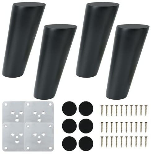 COEWUR 4 Pièces Pieds de Meuble Noir Bois Pieds de Lit 10cm Pieds de Rechange avec Plaque de Montage Vis Patins en Feutre Pieds Conique pour Table Chaise Canapé Armoire Lit Fauteuil Meuble TV