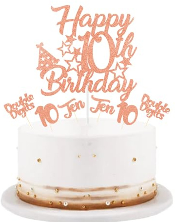 bng-bng 10th birthday Cake Topper Girls Rose Gold Glittery Happy 10th Birthday Cake Cupcake Toppers For Girl Double Digits 10 Ten Years Old Birthday Party Supplies Decorations
