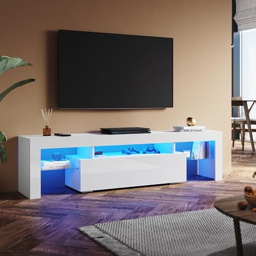 SUNXURY Meuble TV bas à LED blanc brillant 180 cm avec éclairage LED RVB 180 x 45 x 35 cm (l x H x P)