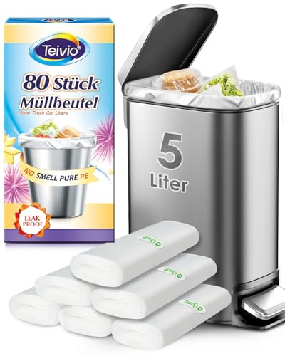 Teivio Kleine Müllbeutel 5L, 80 Stück, Dicke Transparente Kunststoffbeutel für Tretmülleimer, Passend für 3–5L Mülleimer, Ideal für Badezimmer, Küche, Büro
