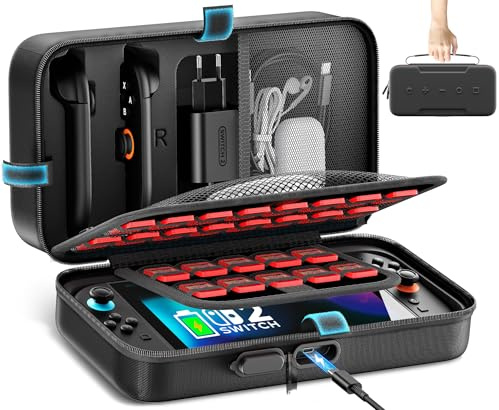 Gersker Étui de Transport pour Switch/Switch OLED/Switch 2, Protection Coque Housse avec Port de Charge Intégré, Stockage Cartouches, Filets de Rangement, Noir