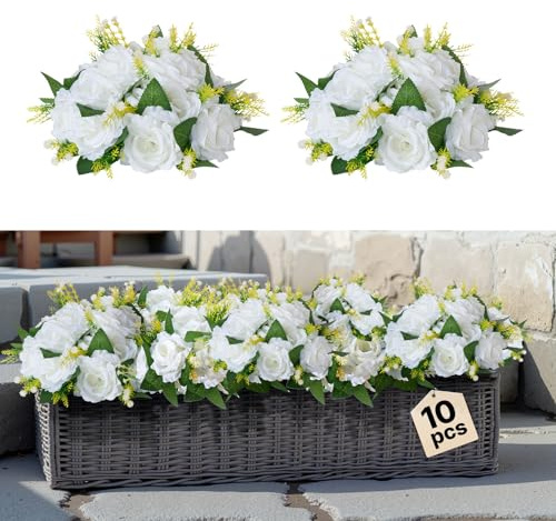 VEVOR Boules de Fleurs Artificielles, Lot de 10, 24 cm, Compositions de Roses Blanches Artificielles, Fausses Fleurs Décoratives pour Centres de Table, Mariages, Saint-Valentin, Décoration d'Intérieur