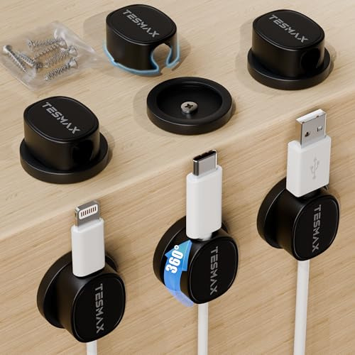 Tesmax 6 Stück Kabelhalter Selbstklebende 360°Drehbar Abnehmbar,Schwarz | 10mm Großer Kabelhalter-Durchmesser Abnehmbares Design Stärkere Klebstärke für Schreibtisch,Ladekabel,HDMI,USB,Aux kabel