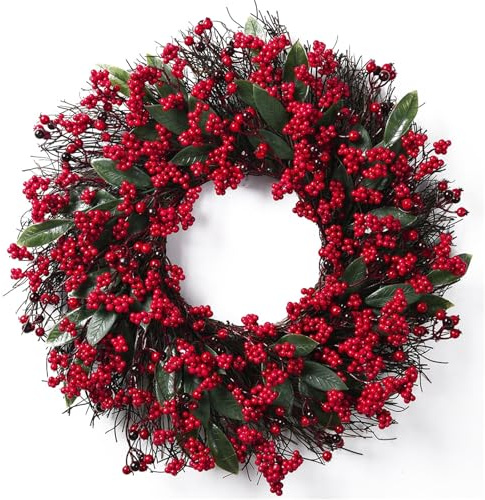 Xiyocadt 45cm Kranz Rote Beeren,Beeren Weihnachtsdeko,KüNstlicher Weihnachtskranz Tannenkranz TüRkranz, Lebensechte Stechpalmen-Winterbeerkranz,Weihnachtsdeko HaustüR,TüRkranz AußEn (17.71zoll)