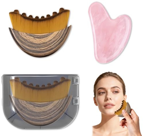 GROVBLE Lymph Bürste Gesicht und gua sha Rosenquarz, Lymphbürsten Gesicht | Größe: Die Gesichtsbürste misst ca. 8 × 6 cm, der Gua Sha Rosenquarz Stein ca.