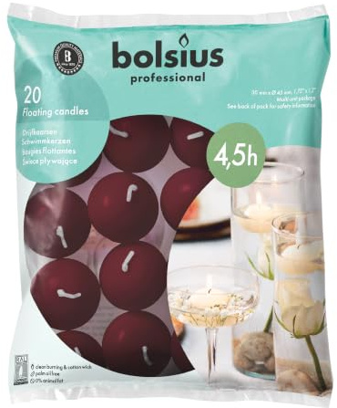 Bolsius Schwimmkerzen - Bordeauxrot - 20 Stück - Durchmesser 45 mm - Länge Brenndauer 4,5 stunden- Praffinwachs - Ohne Palmöl - Dekorative Haushaltkerzen