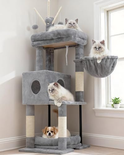 Heybly Árbol para Gatos de 115 cm, Torre para Gatos con Plataforma Grande, Cesta Colgante y Cueva, Postes Rascadores de Sisal, Pelotas Colgantes y Cojines Desmontables, Gris Claro HCT202SW