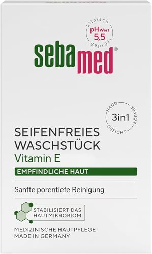 Sebamed seifenfreies Waschstück 150 g, mit Vitamin E, für die tägliche sanfte, porentiefe Reinigung empfindlicher Haut, zur Hand-, Gesichts- und Körperreinigung geeignet