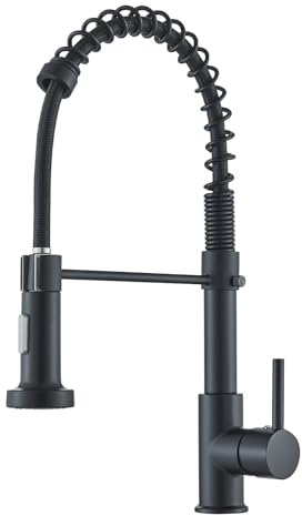Zamery Robinet de cuisine noir 2 modes - Robinet de cuisine avec douchette extensible en acier inoxydable 304 - Robinet à ressort hélicoïdal - Mitigeur de cuisine - Fonction pivotante à 360°