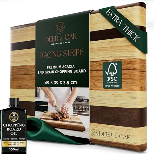 Deer & Oak End Grain Acacia Chopping Board with Racing Stripe Design & Food Safe Mineral Oil Bundle - 40 x 30 x 3.5 cm, FSC Certified Pre-Oiled Butcher's Block, Charcuterie Serving Board