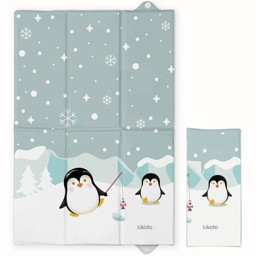 Kikido Materassino Fasciatoio Portatile Neonato 40x60 cm - Pinguini - Cuscino Fasciatoio Pieghevole, Compatto, Salvaspazio e Impermeabile 60x40 - Materassino Da Viaggio per Cambio Pannolino