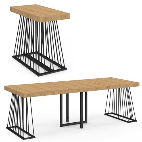 IDMarket - Ausziehbarer Konsolentisch YUNA 10 Personen 235 cm Holzplatte und Drahtfuß aus schwarzem Metall