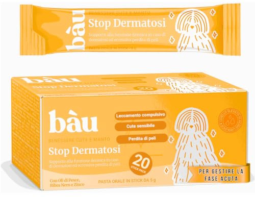 Bau Stop Dermatosi Cane e Prurito Fase Acuta, Stop Dermatite Integratore Pelle e Pelo, per Perdita Pelo, Cute Irritata, Prurito e Forfora, Supporto Funzione Dermica in 20 Monodosi di Gel appetibile