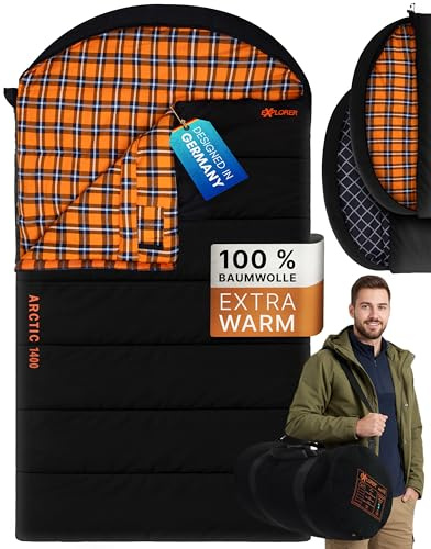 EXPLORER Arctic XXL Deckenschlafsack Winter -24°C Extrem – Camping Schlafsack aus 100% Baumwolle & Flanell – Koppelbar & Wasserabweisend – 90/110/140 cm